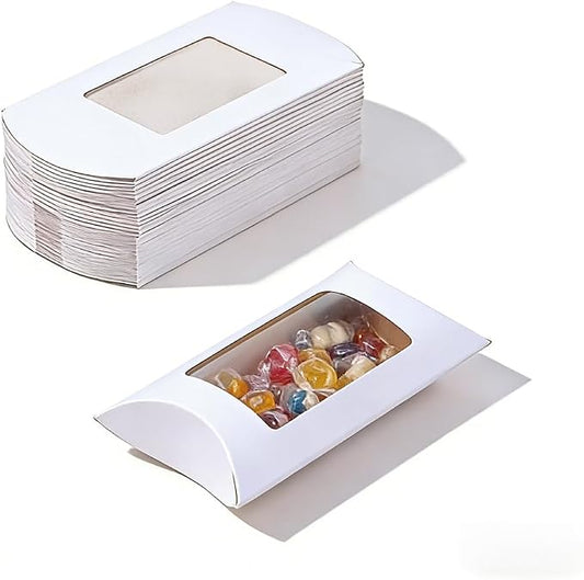 ZAJINJABD 50 Pcs Kraft Pillow Gift Boxes with Clear Windows, Sturdy Mini Folding Treat Boxes for Candy, Bakery, Chocolate, Jewelry, Wedding Party Favors