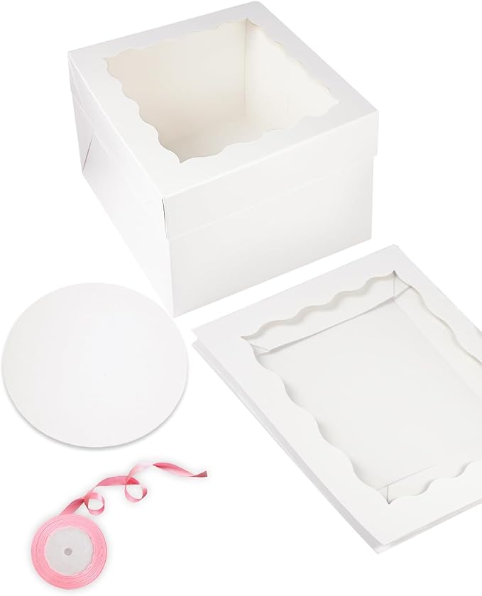 Bakepacker 36pcs 12x12x8 inch Cake Boxes with Window - 18 Packs White Cake Boxes & Boards + 10 Meters Silk Ribbon