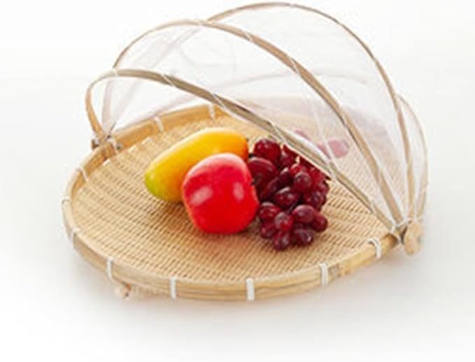 Handmade Woven Storage Basket with Foldable Net Cover, Natural Rattan Kitchen Organizer for Fruit Bread, Mesh Dome Sundries Container, Portable Snack(Small)