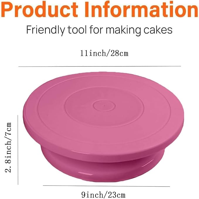 11 Inch Cake Turntable, Rotating Cake Stand for Decorating, Plastic, Lightweight, Reusable, for Pastries and Cupcakes(Pink)