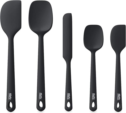 Redfly Silicone Spatula Set, 5 Piece Food Grade Silicone Cooking Utensils Set, Rubber Spatula Heat Resistant Nonstick for Baking, Cooking, Kitchen Utensils Dishwasher Safe Black