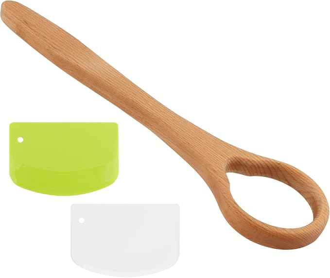 13-Inch Wooden Danish Dough Whisk with 2Pcs Scraper Set, Long Handle for Easy Mixing and Cleaning, Bread Whisking Tool for Baking Sourdough Bread, Pizza, Pastry and Cake Batters