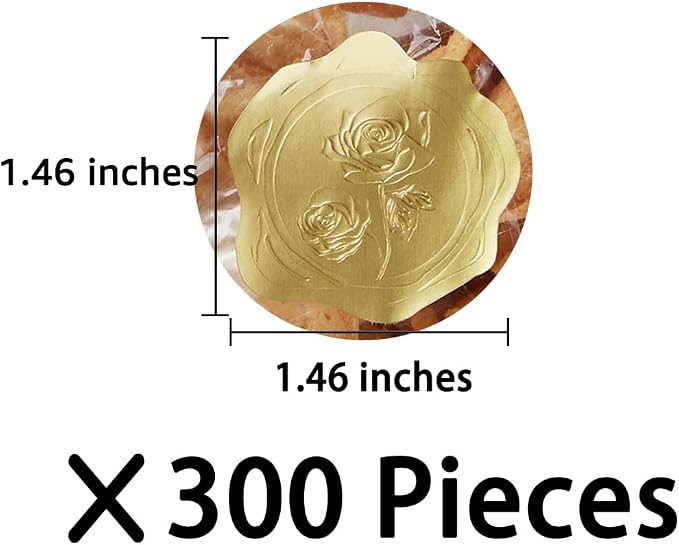 300 Pieces Embossed Gold Foil Stickers, Gold Rose | For Envelopes, Wedding Invitations, Christmas Greeting Cards