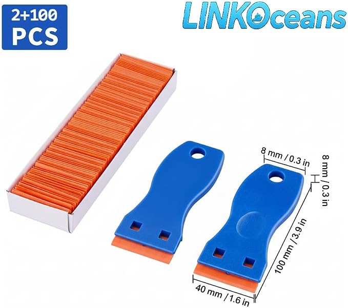 Plastic Razor Blade Scraper 2 Pack, 100 Blades, Storage Case | Adhesive & sticker remover for glass, car windows, 3D printer beds, decals, labels, caulk & gaskets; non-scratch