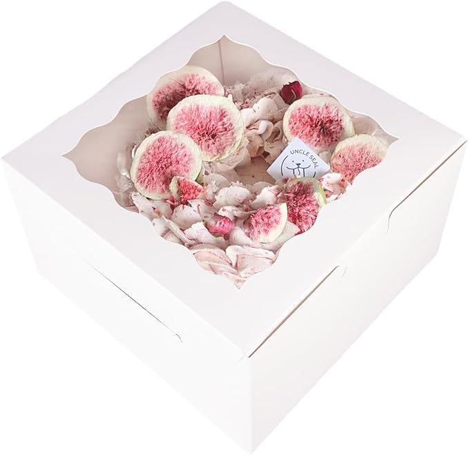 qiqee 10x10x5 Cake Box, 4 Sets White Cake Box with Window ＆ 4 Sets 10" White Cake Round Boards, 10inch Cake Containers