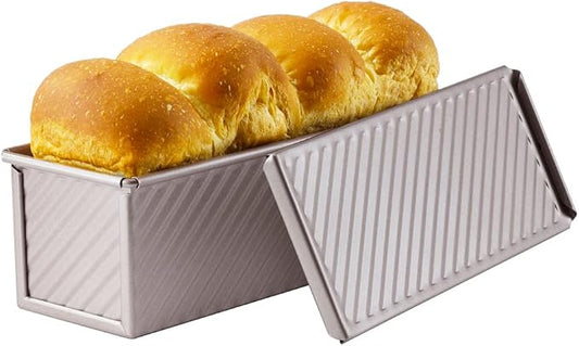 CHEFMADE Mini Pullman Loaf Pan with Lid, 0.66Lb Dough Capacity Non-Stick Rectangle Corrugated Toast Box for Oven Baking 2.8" x 8.3"x 2.7"(Champagne Gold)