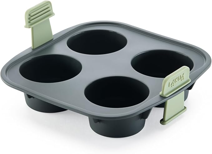 Lékué Air Fryer Muffin Mold - Make 4 Muffins in under 30 mins - 100% Platinum Silicone Baking Pan for Air Frying, Fits in Draw Tray, Pull-up Handles for Easy Removal, Non-Stick, Easy De-Molding