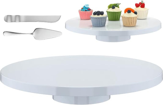 Wenqik 16 Inch Metal Cake Stand with Cake Knife and Spatula, Round Dessert Table Display Stand Metal Dessert Tray Serving Platter for Party, Wedding, Birthday, Baby Shower, Anniversary(White)