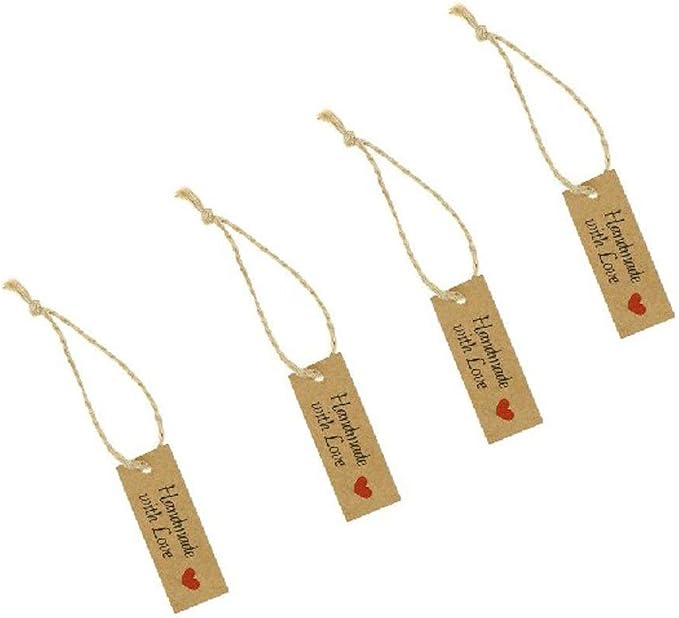 200 Pieces Handmade with Love Tags Handmade Tags Kraft Paper Handmade with Love Tags with 65.6 Feet Natural Jute Strings Brown