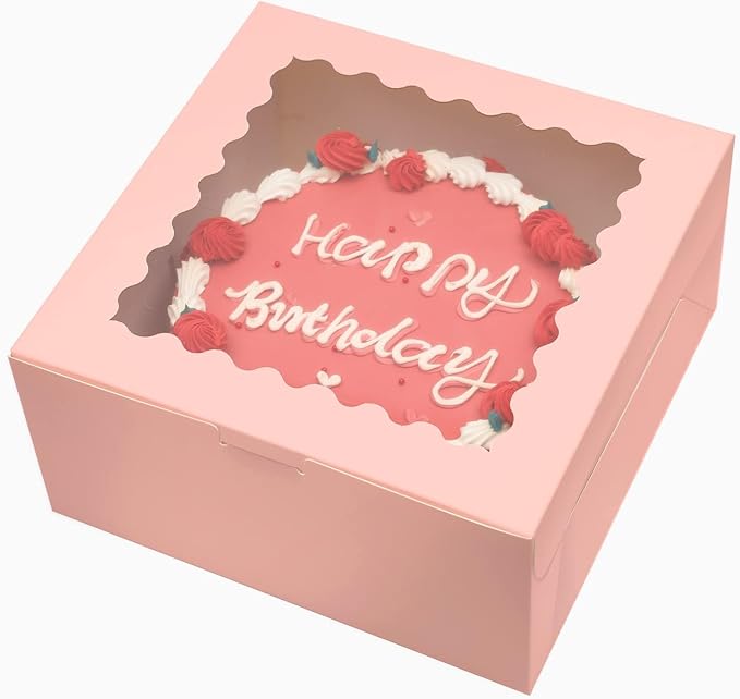 Bakepacker 36pcs 10x10x5 Inches Pink Cake Boxes with Window 18-Packs, 10 Inch Bakery Boxes (18 Cake Boxes +18 Cake Boards Included)