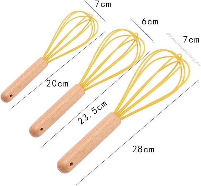3 Pcs Silicone Whisks With Wooden, Non Scratch Coated Whisks, Balloon Whisk Egg Beater For Cooking, Blending, Whisking, Beating, Stirring
