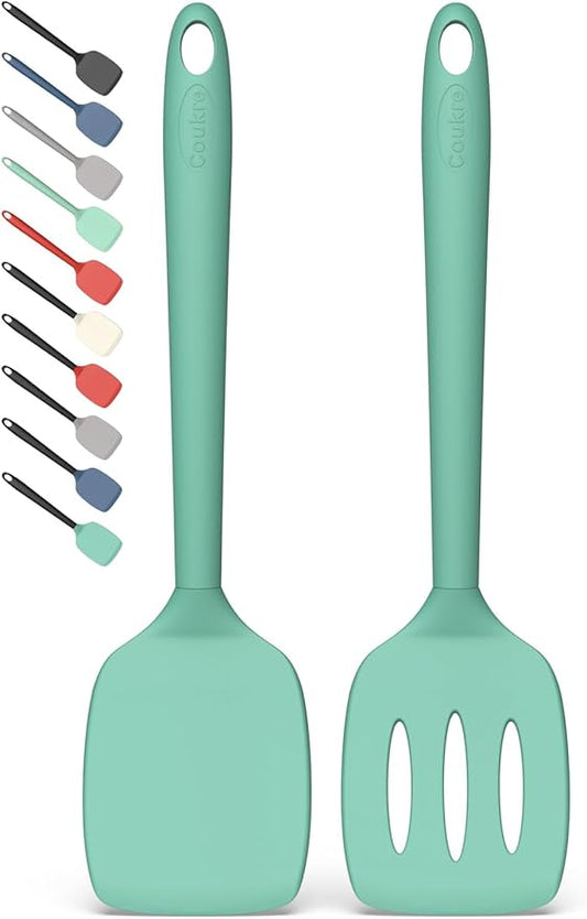 Coukre 2 Pack Silicone Spatula Set, High Heat Resistant, BPA Free Kitchen Spatula, Solid & Slotted Turner for Non-Stick Pans, Sautéing, and Flipping (2, SolidAquaGreen)