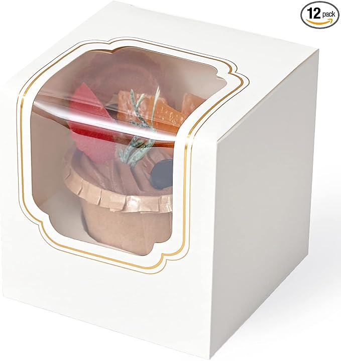 White Cupcake holders Single Gold Stamping with Insert Pastry Box 12 Pack