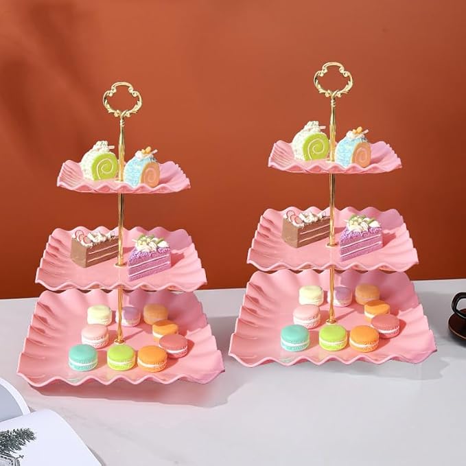 5 Pcs Cupcake Stand Set - Pink Plastic Dessert Table Display Set, 2x Pink Square 3 Tier Cupcake Display Stands Cookie Tray Rack Serving Tower & 3x 14 in Plastic Trays for Wedding Baby Shower Tea Party