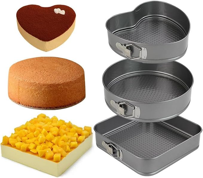 Springform Heart shaped Cake pans Round Squar Non-stick Cheesecake Baking Tray with Detachable Bottom Heart Cake Mold for Christmas and Valentine's Day Baking Heart Round Square Set of 3