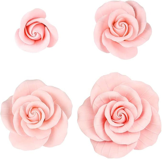 O'Creme Garden Roses Gumpaste Flower Set - Pink Edible Flowers for Cake Decorating - Sugar Flowers for Cakes, Candy, Cupcakes - Wedding, Valentines Day, Baby Shower - 4 Different Sizes, 2 of Each