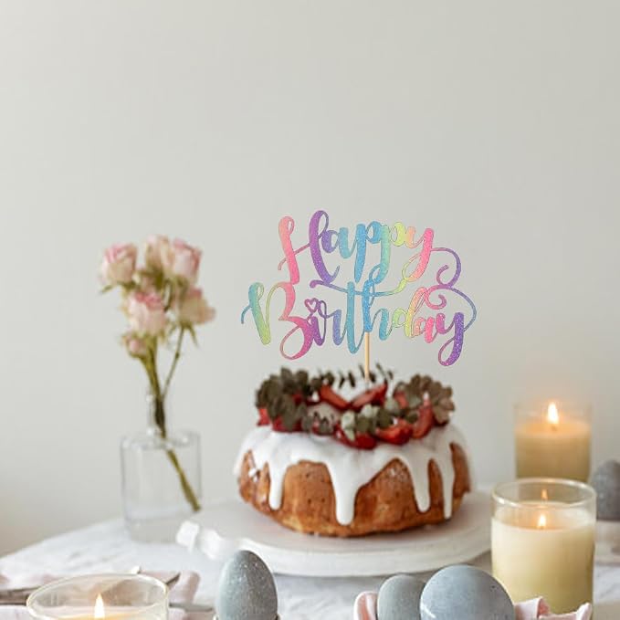 Handmade Glitter Happy Birthday Cake Topper,Birthday Party Cake Decorations, Anniversary/Birthday Party Decoration Supplies (Rainbow)