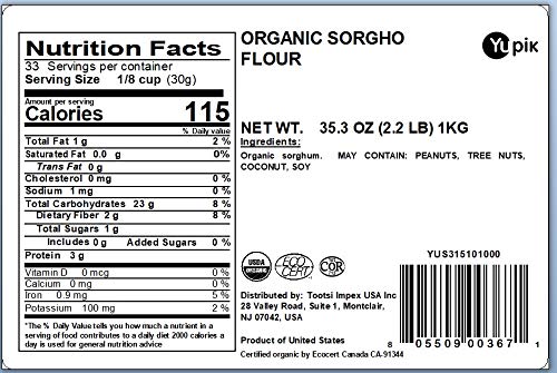 Yupik Organic Sorghum Flour 2.2 lb (35.3 oz), USDA Certified, Gluten-Free, Raw, Vegan, Kosher, Non-GMO, Mildly Sweet & Nutty, Low-Calorie, High in Fiber & Protein, Perfect for Baking