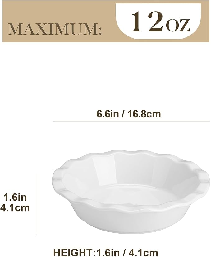 MALACASA Ceramic Mini Pie Pans Set of 6, 6 Inch Pie Plates for Baking with Ruffled Edge, Small Quiche Baking Dish Pans Tart Pans, Individual Pot Pie Plates, Microwave & Oven Safe, White