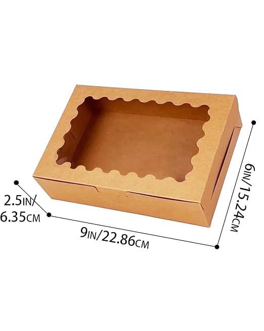 qiqee 100Pcs Brown Cookie Box with Window 9"x6"x2.5" Pastry Macaron Bakery Box for Packaging