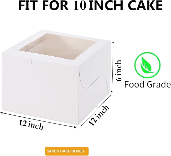 24Pack 12x12x6 Inch Cake Boxes, White Paper Cake Boxes With Window, Cajas Pasteles For Cake Delivery Baking Business Gifting, Fathers Day, Cookies, Pie, Pastries, Chocolates, Cupcake