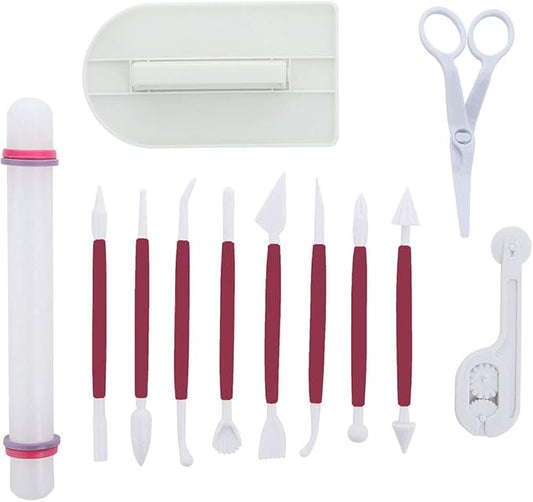 ScivoKaval Marshmallow Fondant Cake Decorating Hand Tool 12 Pcs 5 Sets Sugarcraft Gumpaste Icing Smoother Rolling Pin Trimmer Cutter Embosser Flower Scissor Modelling Accessories Supplies Kit Red