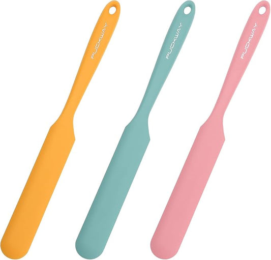 3pcs Silicone Jar Spatulas 10in Long Skinny Heat-Resistant, Narrow Spatula Set for Scraping Peanut Butter, Sourdough, Jam in Small Containers, Blenders & Baking (Yellow & Green & Pink)