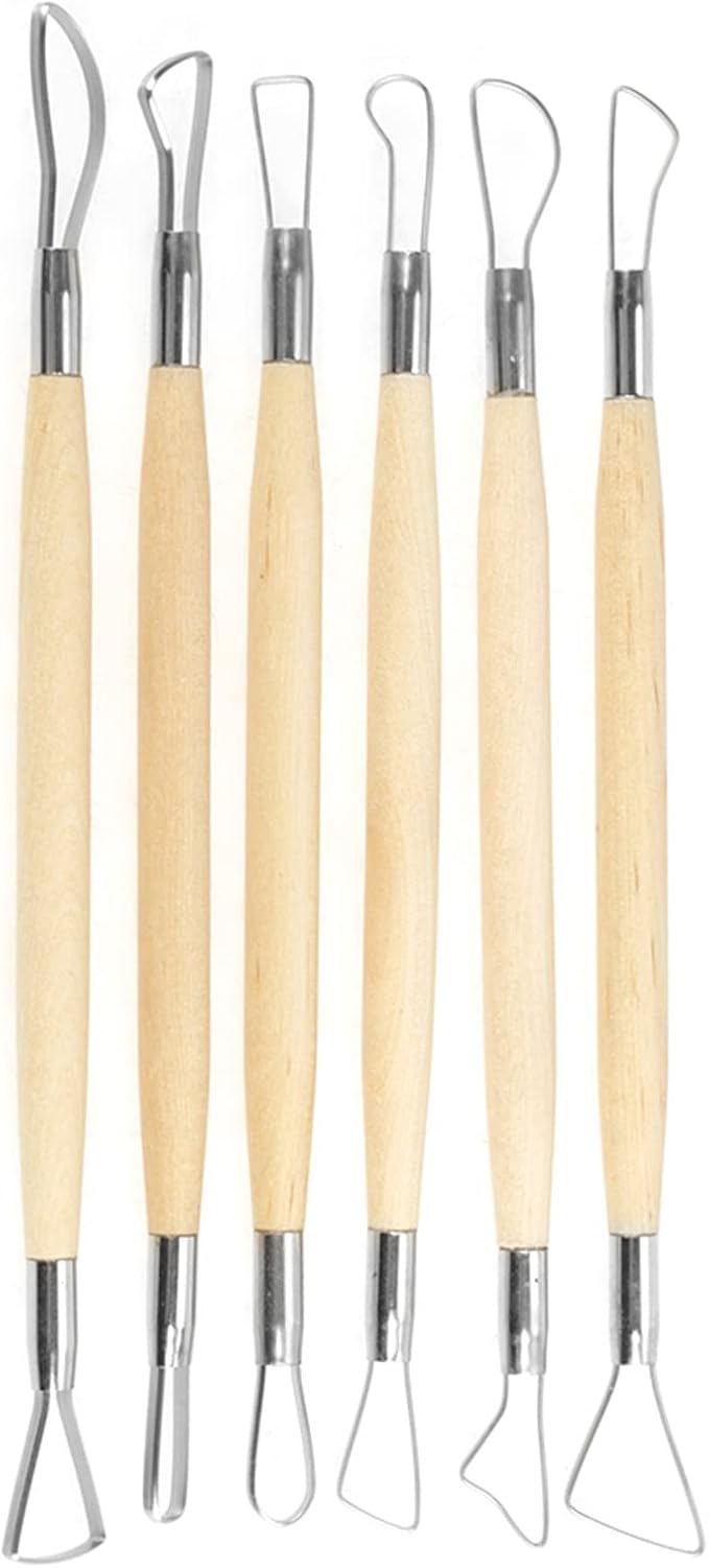 6Pcs Clay Sculpture Tools, Wooden Handle Double Ended Modeling Tools Ceramic Clay Tools Ribbon Sculpting Tool Kit for Clay, Fondant, Cake, Ceramic, Dough, Plaster, Wax