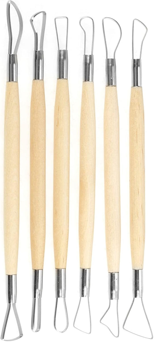 6Pcs Clay Sculpture Tools, Wooden Handle Double Ended Modeling Tools Ceramic Clay Tools Ribbon Sculpting Tool Kit for Clay, Fondant, Cake, Ceramic, Dough, Plaster, Wax