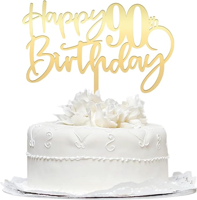 Happy 90th birthday cake Topper,Mirrored Gold Acrylic Durable Cake Topper,90th Birthday Party Cake Decorations,Hello 90th years old, Happy ninety years old, Birthday Party Decorations