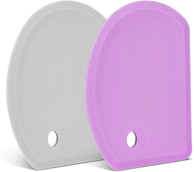 Silicone Dough Scraper with Stainless Steel Sheet, Curved Edge Flexible Bowl Scraper for Baking, Food Grade Silicone Bench Scraper for Sourdough Bread Proofing Basket, Set of 2, Gray & Purple, SAPID