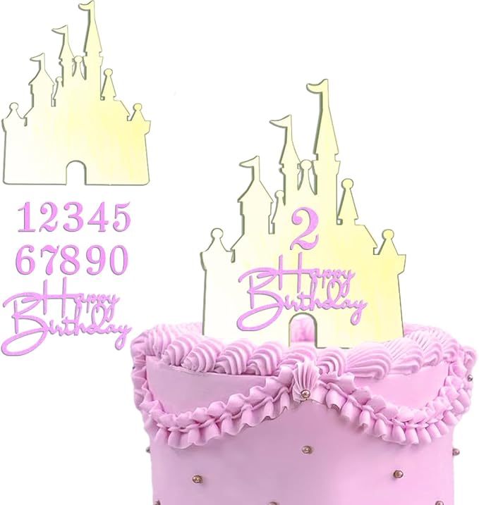 Castle Cake Topper for Princess Castle Theme Cake | with Happy Birthday Sign Personalize Age Number