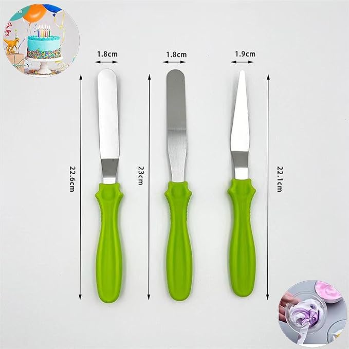 Cake Cream Spatulas, 3 Pieces of Cake Angled Spatula with Stainless Steel, Professional Cake Decorating, Pastry & Baking, Icing Frosting Cream Chocolate Cake Spatula (3 Pcs Green)