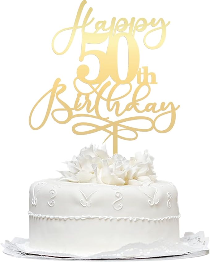Happy 50th Birthday Cake Topper,Mirrored Gold Acrylic Durable Cake Topper，Hello 50, Cheers to 50 Years/50th Anniversary,50th Birthday Party Cake Decorations，Birthday Party Decorations