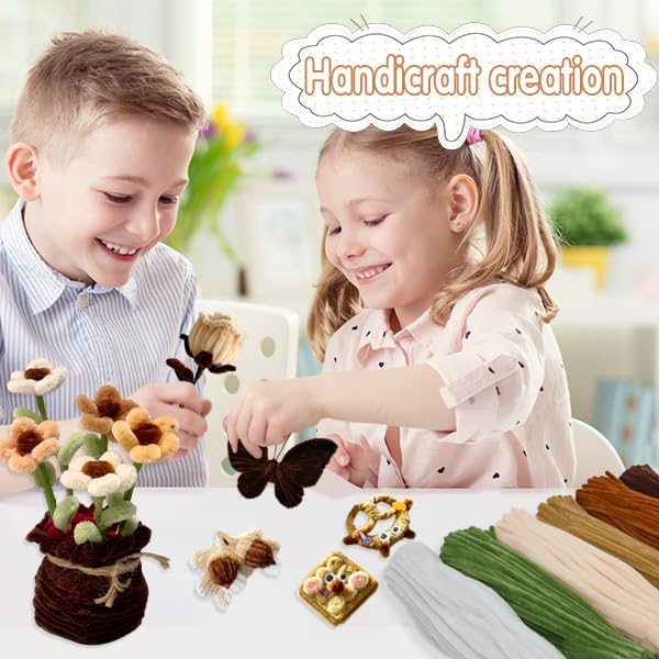 AHAMETON 620Pcs Brown Pipe Cleaner Flower Kit, 6 Colors Bulk Pipe Cleaners Craft Supplies with Wires, Stamens, Ribbon, Tapes, Card, DIY Flower Making for Gifts Party Home Decoration, School Crafts