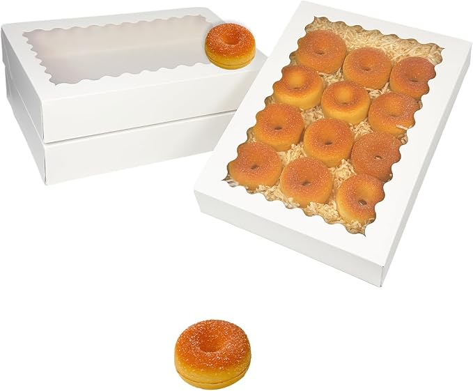 qiqee Auto-pop Up White Cookie Box with Window 16x10.5x2.5 Inch 24Pcs Bakery Pastry Macaron Bakery Box for Packaging