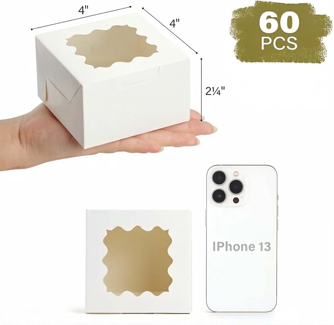 LotFancy 60pcs Small Cookie Boxes, 4x4x2.5 Inches, Bakery Boxes with Window, Baked Goods Packaging Containers for Cupcakes, Dessert, Macarons, Chocolates Donuts, Treats, Pastries