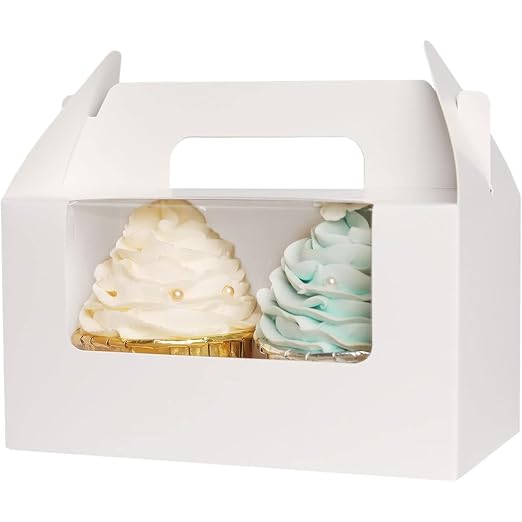 qiqee Cupcake Box Two Holder 6.5x3.6x3.5inch(2.2" Top) 50pcs White 2 Cupcake Boxes With Window