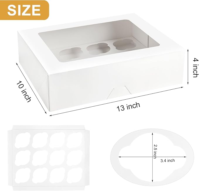 Kucoele 12 Count Cupcake Boxes, 12 Pack, White, 13 x 10 x 4 Inches | with Windows and Inserts, Disposable, Cupcake Containers Carriers, For Muffins, Treats, Pastries, Bakery, Desserts