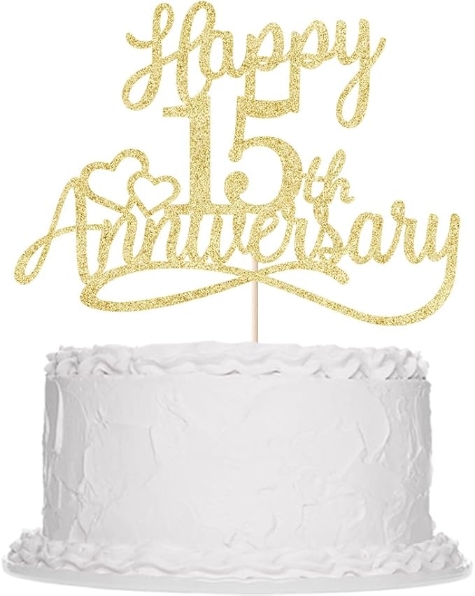 Sleyberoy Glitter Happy 15th Anniversary Cake Toppers -Wedding Anniversary Party Decorations, 15th Wedding Anniversary, Company Anniversary Party, Birthday Party Decorations