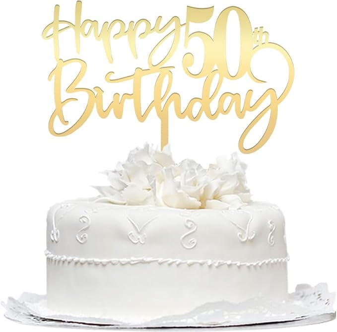 Happy 50th birthday cake Topper,Mirrored Gold Acrylic Durable Cake Topper,50th Birthday Party Cake Decorations,Hello 50th years old, fifty birthday Party Decorations