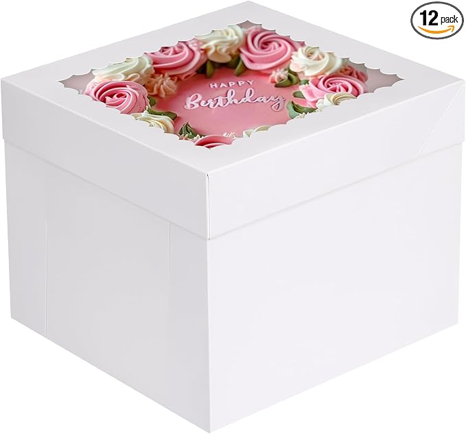 Moretoes 12pcs Cake Boxes, 10x10x8 Inches Tall Cake Carriers with Window, Square Bakery Box with Lids for Donuts, Pies, Cookies, Wedding, Birthday (White)