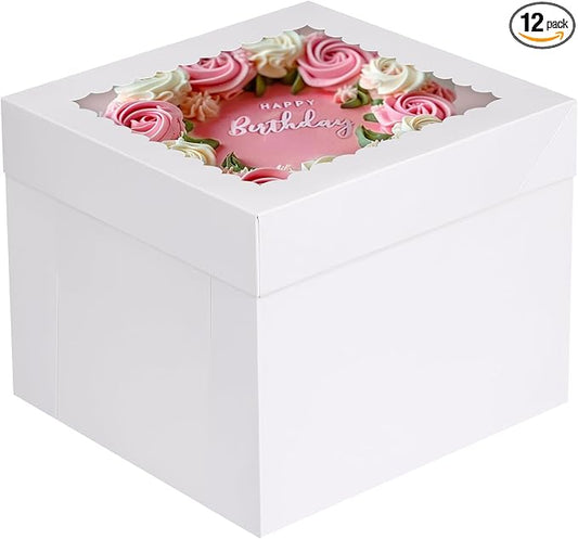 Moretoes 12pcs Cake Boxes, 10x10x8 Inches Tall Cake Carriers with Window, Square Bakery Box with Lids for Donuts, Pies, Cookies, Wedding, Birthday (White)