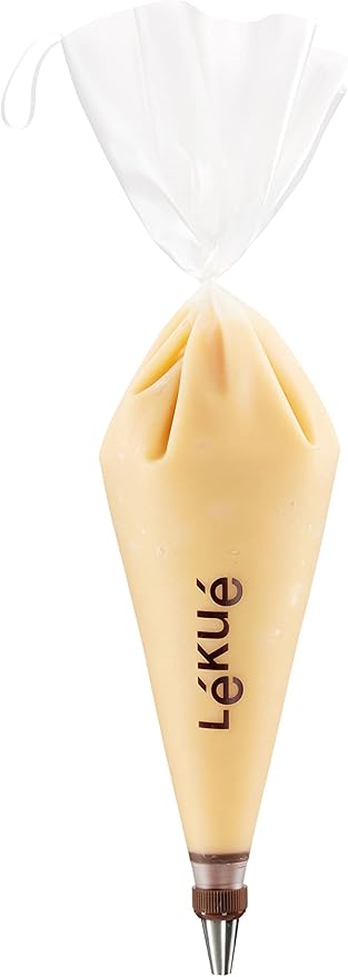 Lékué Reusable Piping Bag Set with 3 Nozzles | 5 piece Cake Decorating Kit: x 2 Piping Bags + 3 Standard Stainless Steel Nozzles & Coupler | Screw-on Tips for no Leaks | Dishwasher Safe
