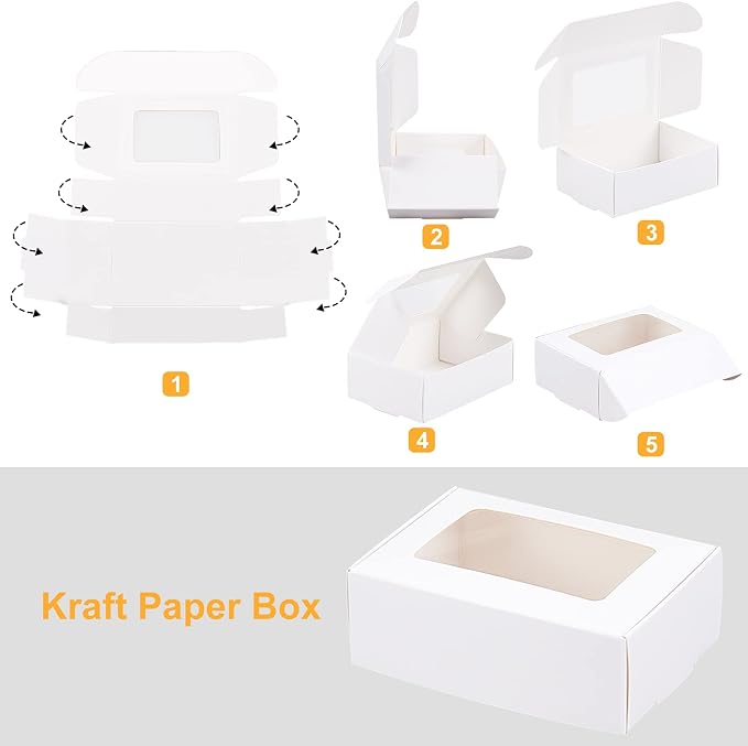 BENECREAT 30 Pack White Kraft Paper Boxes with Clear Window 3.3x2.3x1.1 Inch Gift Packaging Boxes for Bakery Cookies Cake Candy Wedding Party Favors