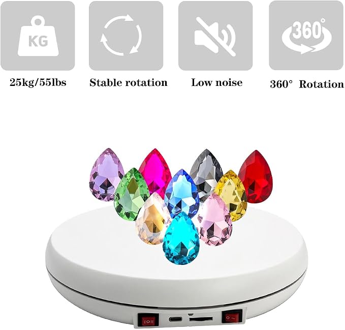 JAYEGT Multicolor LED Light Motorized Rotating Display Stand , 10 inch /55lbs Load, 360° Electronic Photography Turntable for Product Shows, Jewelry, Crystal Art (White / 5 Colors Light / Rechargeable)