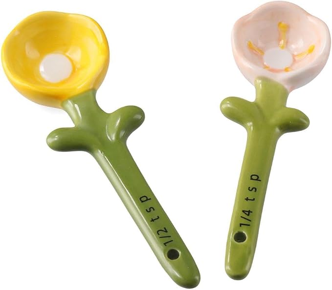 Sunflowers Measuring Spoons and Cups Set, Cute Ceramic Measuring Spoons, Baking Sunflowers Measuring Spoon with Holder for Milk Powder Sugar Salt Wet Dry Ingredients
