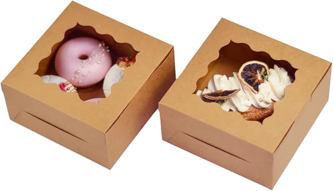 Bakepacker 60pcs Kraft Cookie Boxes 6x6x3 inches Easy Assemble Macaroon Pastry Boxes Bakery Boxes with Window for Bakery