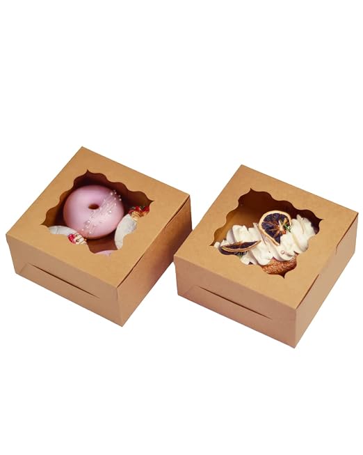 Bakepacker 100pcs Brown Cookie Boxes 6x6x3 inches Easy Assemble Macaroon Pastry Boxes Bakery Boxes with Window for Bakery