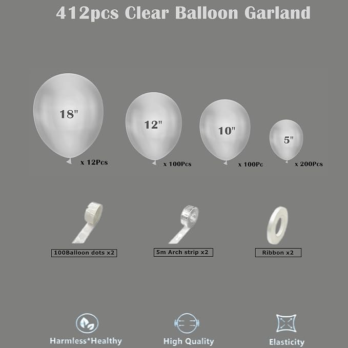 412pcs Clear Balloon Garland Arch Kit 18 12 10 5 Inch Different Sizes Matte Latex Crystal Transparent Balloons for Baby Shower Birthday Wedding Graduation Anniversary Party Decoration
